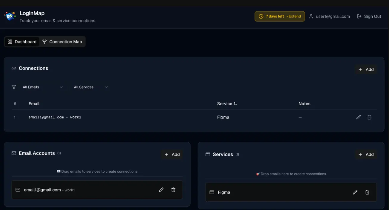LoginMap - LoginMap is a web-based platform that provides a visual dashboard to organize, manage, and track which email accounts are connected to which services. Users can consolidate their scattered email accounts in one interface and gain complete visibility over their digital account ecosystem.